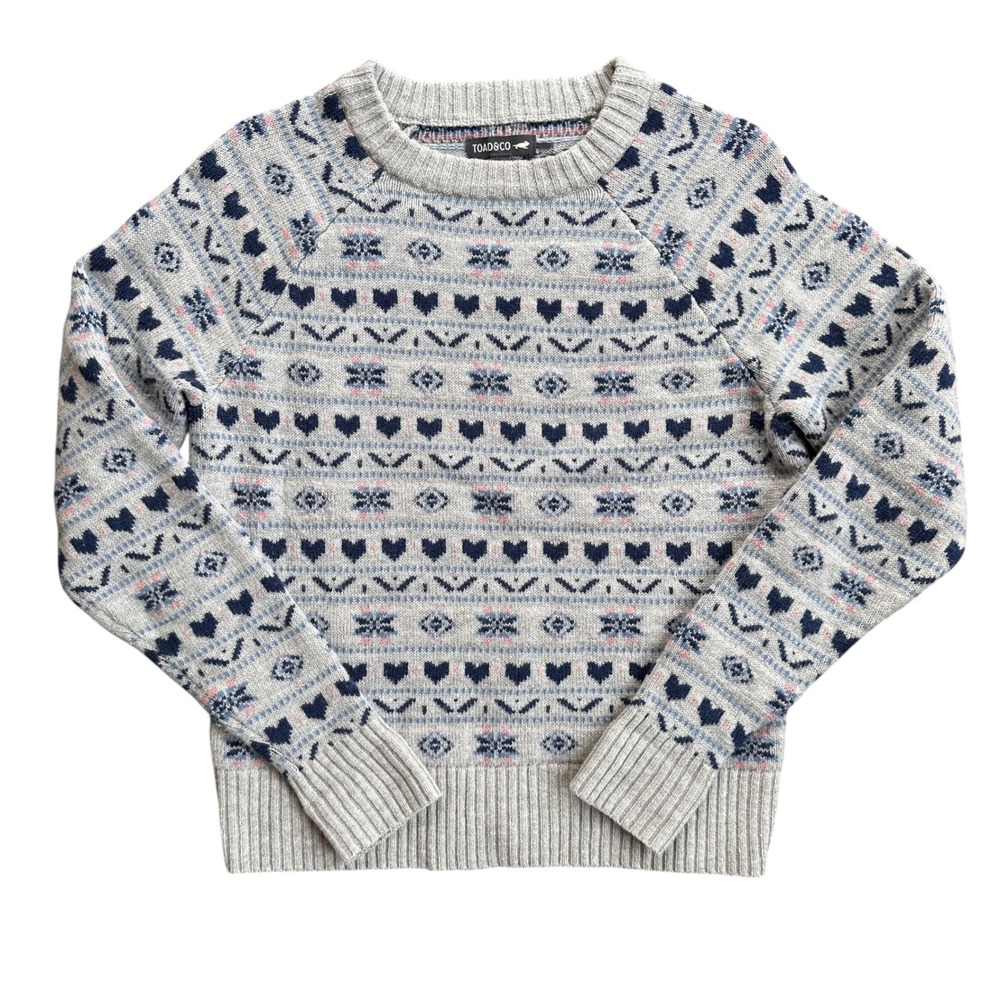 Toad&Co Cazadero Crew Sweater Womens Size S Grey Fair Isle Heart Wool Excellent
